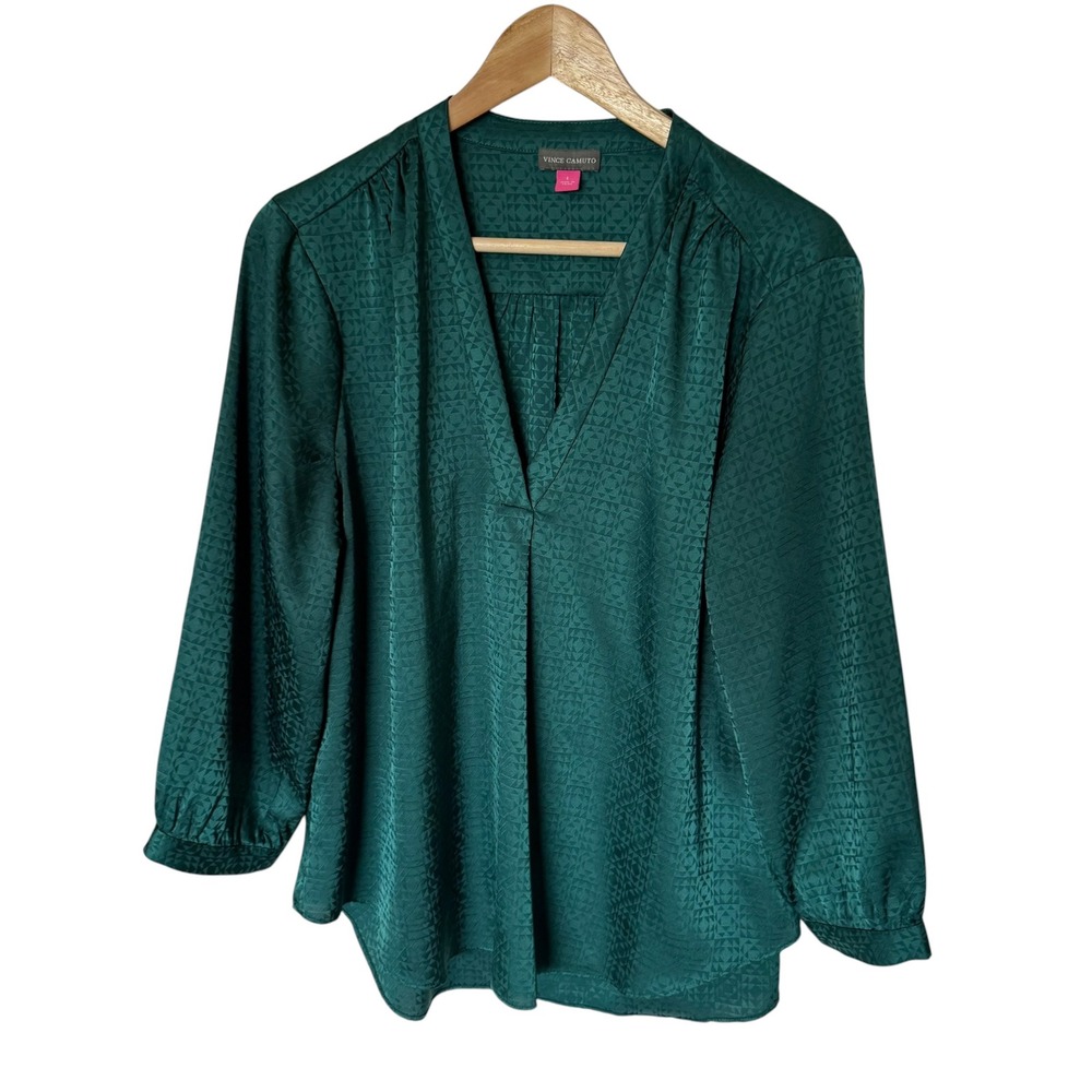 Vince Camuto Blouse Women Large Green Excellent Geometric Jacquard V-Neck Satin
